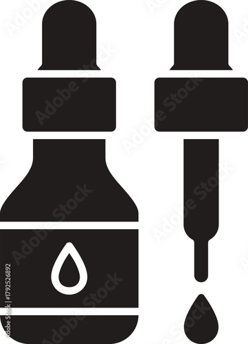 Silhouette vector of Medicine with dropper. Black Dropper bottle of essential oil container design. Icon of a dropper bottle with pipette for liquid. Black silhouette of a dropper bottle tilted. 