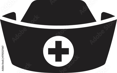 Silhouette of Nurse cap. Black nurse cap. Solid icon of nurse cap. Black nurse cap silhouette with white cross isolated on white background.