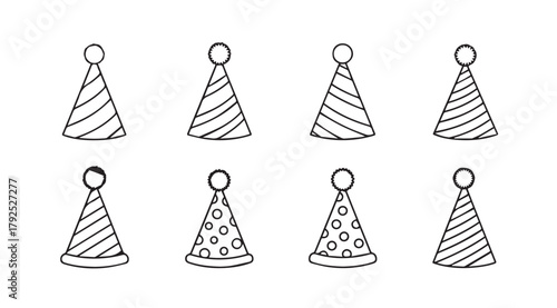 Collection of eight hand drawn birthday party hats in a simple silhouette style