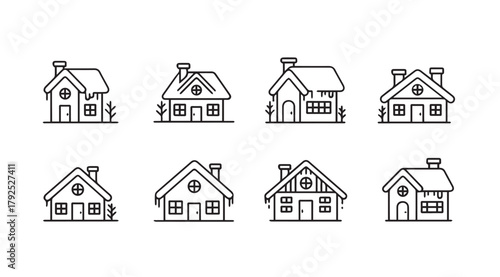 Collection of eight simple hand drawn house silhouettes with roofs and windows silhouette