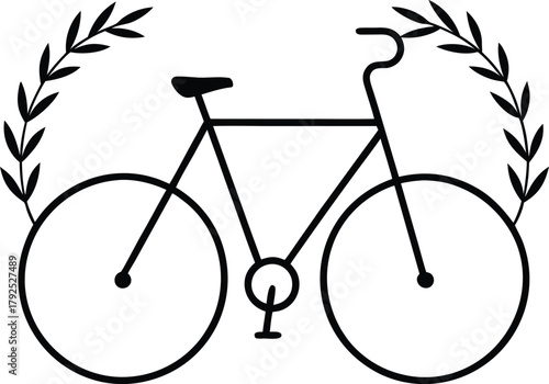 Minimalist black and white illustration of a bicycle with laurel branches on a white background