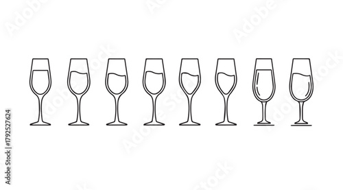 Seven elegant champagne flutes filled with bubbly liquid in a clean silhouette style