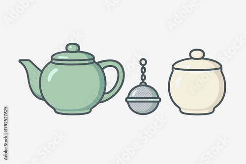 Traditional tea set elements featuring a green ceramic teapot, metal infuser, and sugar bowl