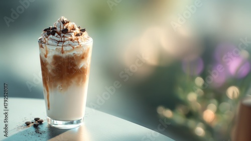 Delicious iced coffee beverage with whipped cream and chocolate drizzle in glass