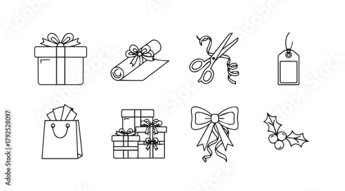 Collection of hand drawn christmas gift icons and ornaments silhouette