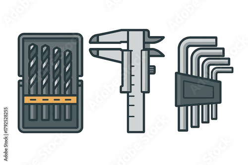 Collection of essential workshop and construction tools including drill bits, caliper, and hex keys