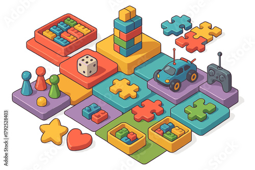 Isometric arrangement of bright colorful children's toys including building blocks puzzle pieces and game pawns