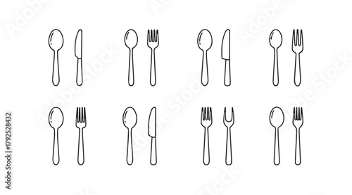 Collection of eight black and white cutlery silhouettes including spoons forks and knives