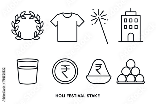 Minimal holi festival icons wreath, shirt, sparkler, building, water, rupee, color, sweets