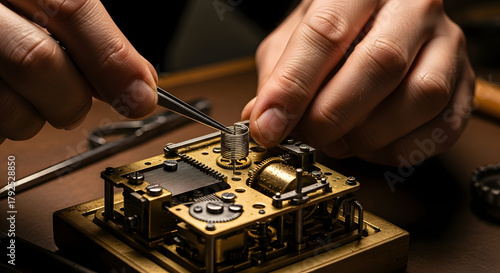 Close-up of a skilled craftsman meticulously repairing a vintage music box with precision tools, Detailed shot of a watchmaker carefully assembling a complex mechanical movement with expert hands