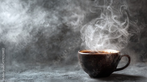 Steaming Dark Brown Coffee Mug on Grey Background with Rising White Smoke