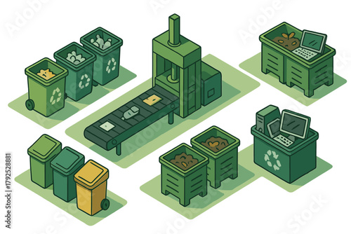 Waste management system with sorting bins, conveyor belt, and compacting machine