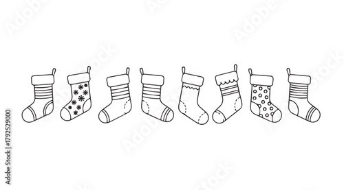 Collection of seven festive christmas stockings in a line silhouette