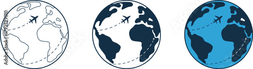 Globe with airplanes symbol in various styles including line art, silhouette and color vector design flying concept on flight paths