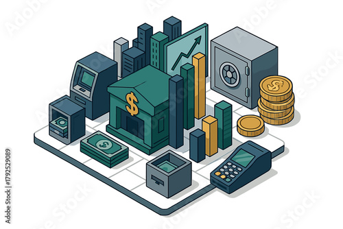 Isometric arrangement of banking services, financial assets, and market growth indicators