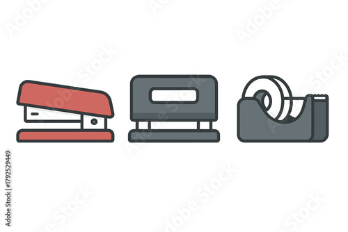 Set of essential supplies including stapler, hole punch, and tape dispenser