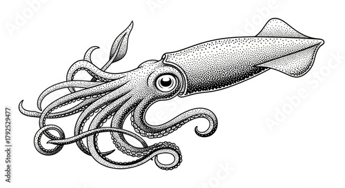 Detailed illustration of a squid with tentacles and large eyes.