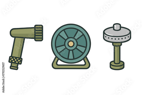 Essential garden watering equipment set featuring a spray nozzle, hose reel, and sprinkler