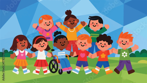 Illustration Of A Group Of Children Of Different Races Holding Hands Vector Design Template