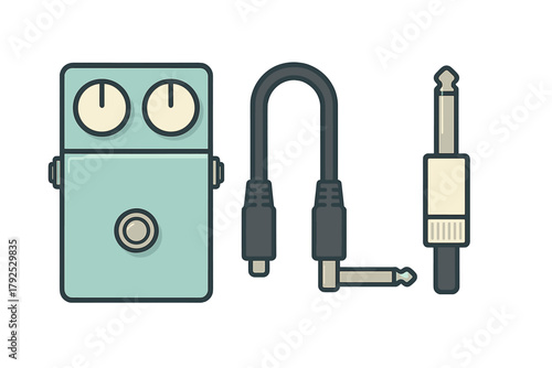 Effects pedal stompbox with audio patch cable and quarter inch jack connector