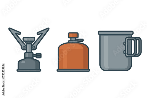 Camping stove, orange gas canister, and gray metal mug for outdoor cooking