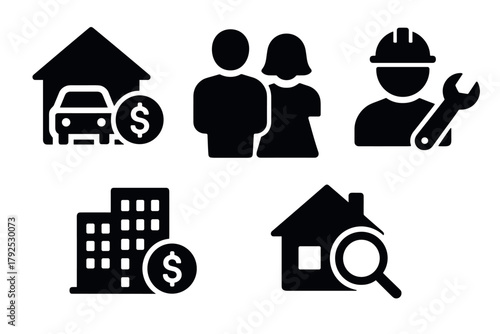 Black silhouette icons real estate, family, construction, finance symbols