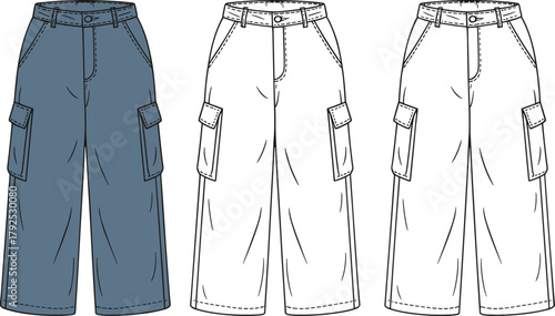 Cad drawing flat vector illustration, cropped cargo pants design, fashion sketch, garment blueprint, clothing template, apparel construction, technical style