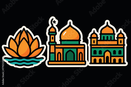 Colorful flat icons of lotus, mosque, and temple on black background