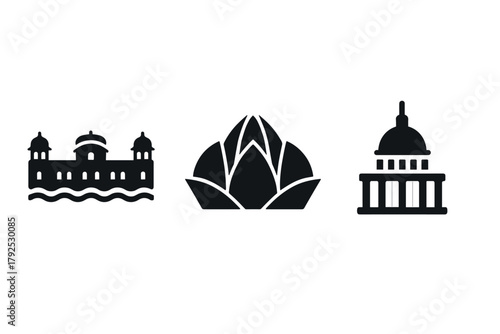 Iconic landmarks silhouette taj mahal, lotus temple, capitol building