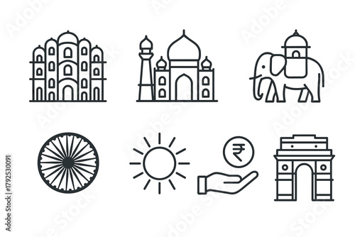 Indian icons monuments and symbols in linear style