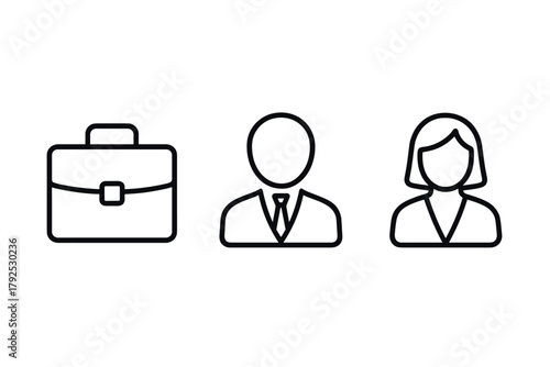 Minimal icons of briefcase and business professionals in line art