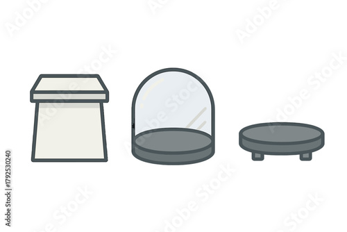 Set of empty display stands, pedestals, and platforms for product presentation