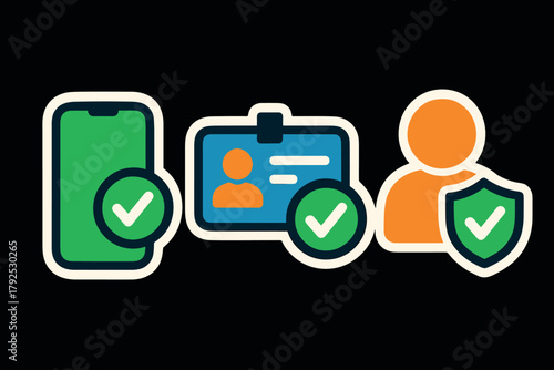 Identity verification icons mobile, id card, user security with check marks