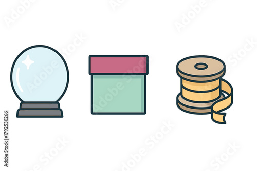 Colorful icons set featuring a magic crystal ball, wrapped gift box, and decorative ribbon spool
