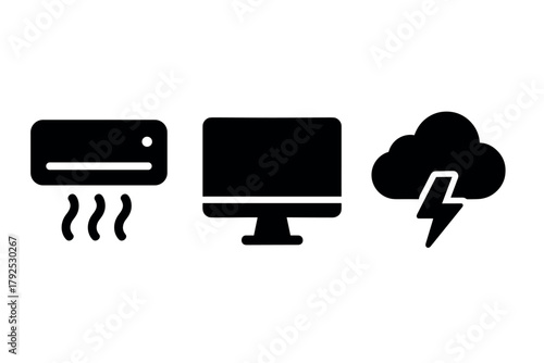 Silhouette icons of air conditioning, desktop computer, and stormy weather