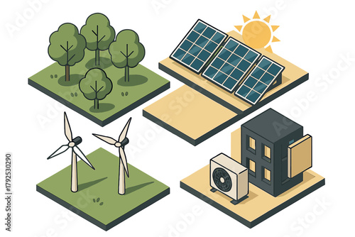 Sustainable energy sources and green environment isometric layout with solar panels and wind turbines