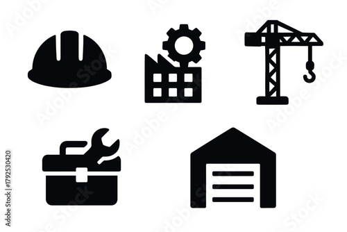 Construction icon set helmet, gear, crane, toolbox, garage in silhouette design