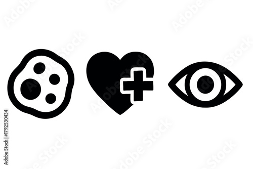 Minimalist icons of biology, healthcare, and vision in black and white
