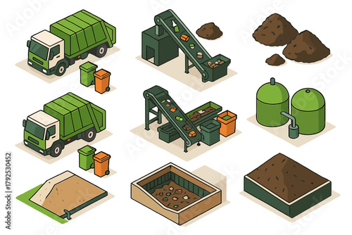 Isometric icons of waste recycling, composting process, garbage trucks, and biogas tanks