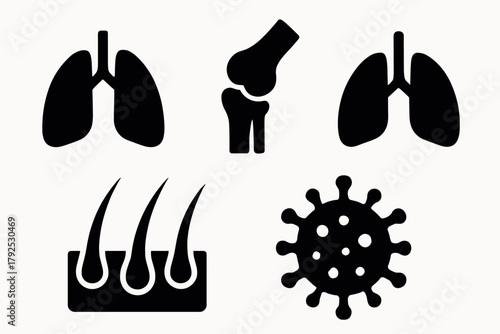 Medical icons lungs, joint, skin, and virus silhouettes