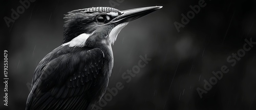 close up of a kingfisher in black and white
