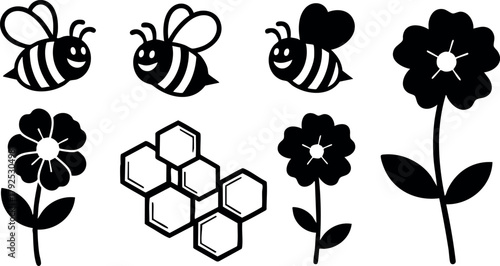 Bee and Flower Vector Icons with Honeycomb Pattern Nature Inspired Design Elements for Gardening and Environment Projects