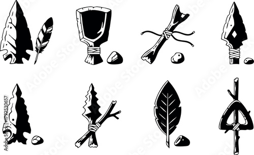 Primitive Stone Tools and Weapons Collection Vector Illustration with Arrows and Spears Design Elements