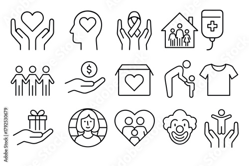 Charity and care icons set heart, family, donation, health symbols in line style