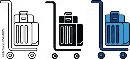 Luggage trolley symbol in various styles including line art, silhouette and color vector design