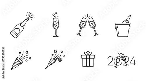 Collection of hand drawn celebration icons including champagne bottle glasses party poppers gift box and the year 2024 silhouette