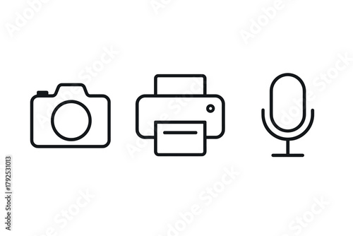 Minimalist line art icons of camera, printer, and microphone for tech themes