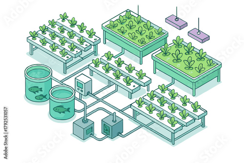 Isometric diagram of a modern aquaponics system with fish tanks and hydroponic plant beds