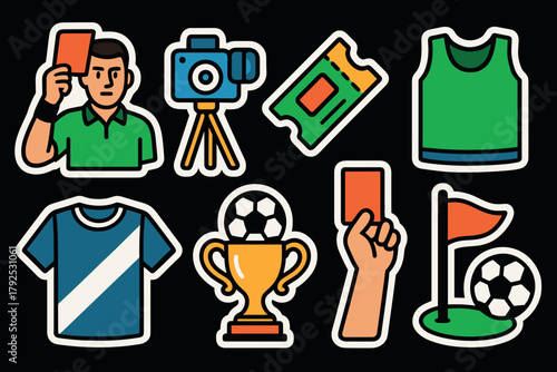 Soccerthemed stickers featuring referee, trophy, and sports gear in bold style