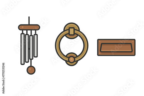 Decorative and functional entrance hardware including wind chime, classic door knocker, and mail slot